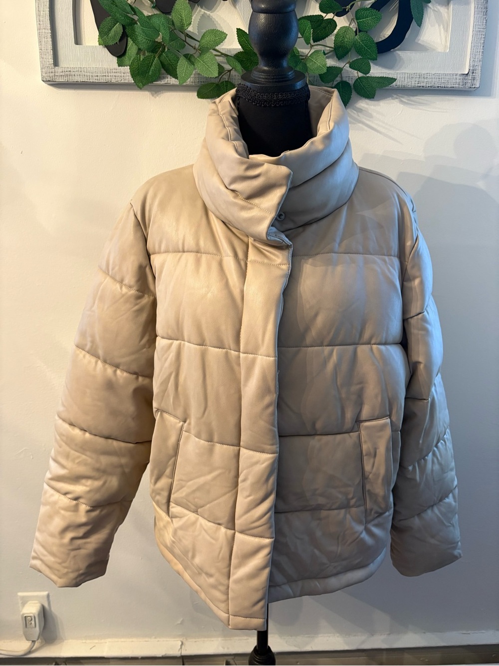 7 For All Mankind Beige Quilted Puffer Jacket with High Collar